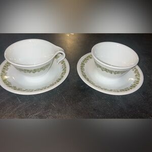 Vintage Spring blossom/crazy daisy Corelle hook cup/ sugar cup with saucers.